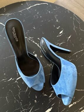 Tony Bianco Sky Blue Suede Open-Toe Mule Heels